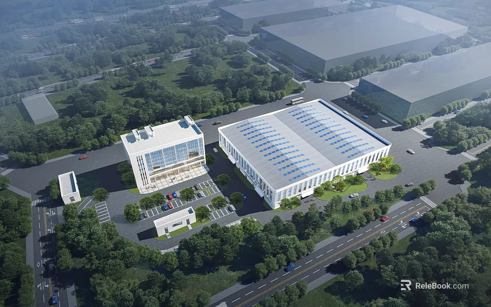 Modern Industrial Factory Building With Green Surroundings Parking Area And Solar Panel Roof Design 3d model 