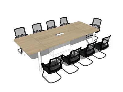 Modern Office Conference Table With Wooden Top And Eight Black Chairs 3d model