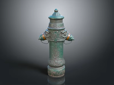 Vintage Ornate Fire Hydrant With Verdigris Finish Top Cap And Side Chains 3d model