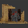 Red And Gray Robot Standing In Broken Brick Wall Doorway With Debris