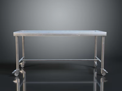 Modern Stainless Steel Dining Table With Long Sleek Surface And Wheels On Reflective Floor 3d model