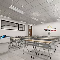 Modern School Classroom Interior With Desks Chairs Teacher's Desk Blackboard And Windows