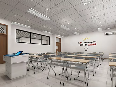 Modern School Classroom Interior With Desks Chairs Teacher's Desk Blackboard And Windows 3d model