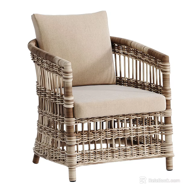 Wicker Leisure Chair with Beige Cushioned Seat and Backrest for Outdoor Comfortable Use 3d model 