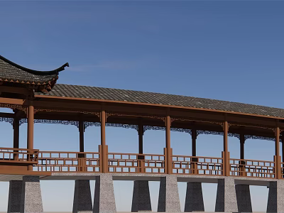 Traditional Chinese Garden Landscape With Wooden Veranda Tiled Roof Carved Railings And Blue Sky Background 3d model