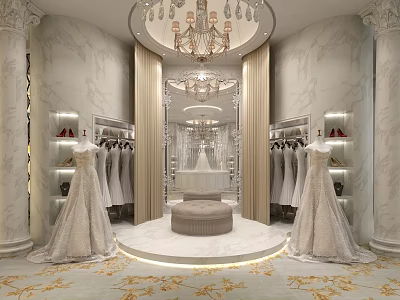Luxurious Bridal Shop Interior With Marble Walls Crystal Chandeliers Round Display Platform And Wedding Dresses 3d model