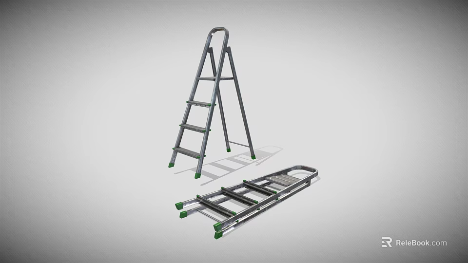 Industrial Metal Ladder And Foldable Frame With Green Non Slip Pads 3d model 