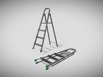 Industrial Metal Ladder And Foldable Frame With Green Non Slip Pads 3d model