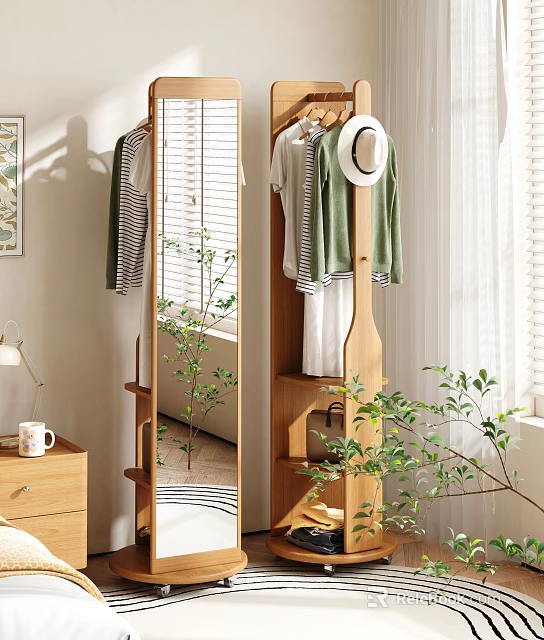 Modern Wooden Clothes Rack With Mirror Hanging Clothes Hat And Indoor Plants 3d model 