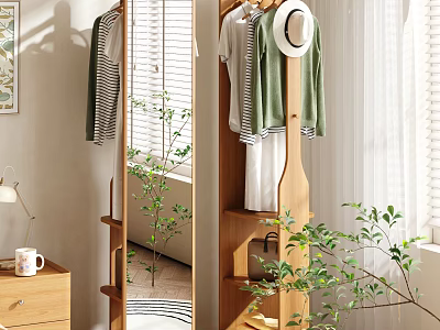 Modern Wooden Clothes Rack With Mirror Hanging Clothes Hat And Indoor Plants 3d model