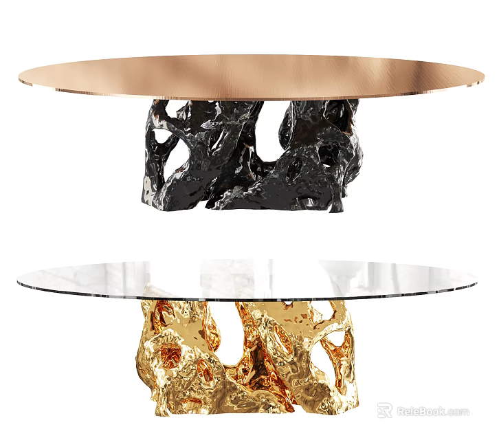 Modern Dining Tables With Copper Glass Tabletops And Irregular Black Gold Bases 3d model 