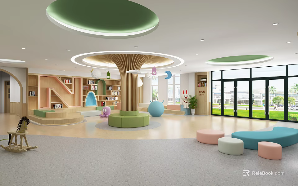 Modern Kindergarten Interior with Round Green Ceiling Wooden Column Colorful Seats and Bookshelves 3d model 