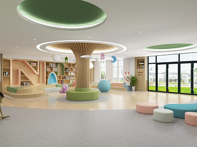 Modern Kindergarten Interior with Round Green Ceiling Wooden Column Colorful Seats and Bookshelves 3d model