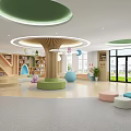 Modern Kindergarten Interior with Round Green Ceiling Wooden Column Colorful Seats and Bookshelves