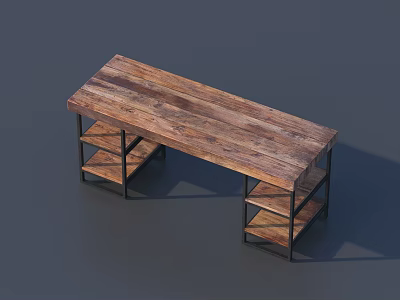 Rustic Wooden Long Table With Sturdy Metal Frame And Multi Shelves 3d model