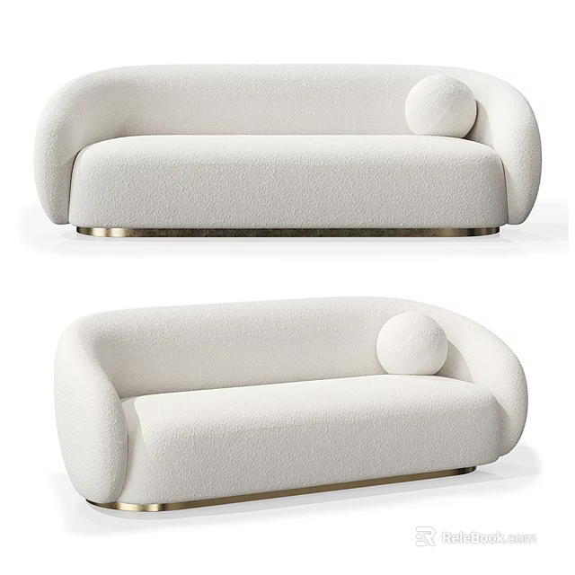 White Plush Bouclé Fabric Sofa With Round Pillow And Gold Metal Base 3d model 