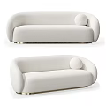 White Plush Bouclé Fabric Sofa With Round Pillow And Gold Metal Base