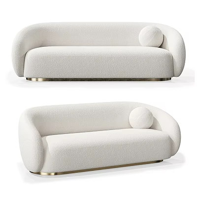 White Plush Bouclé Fabric Sofa With Round Pillow And Gold Metal Base 3d model