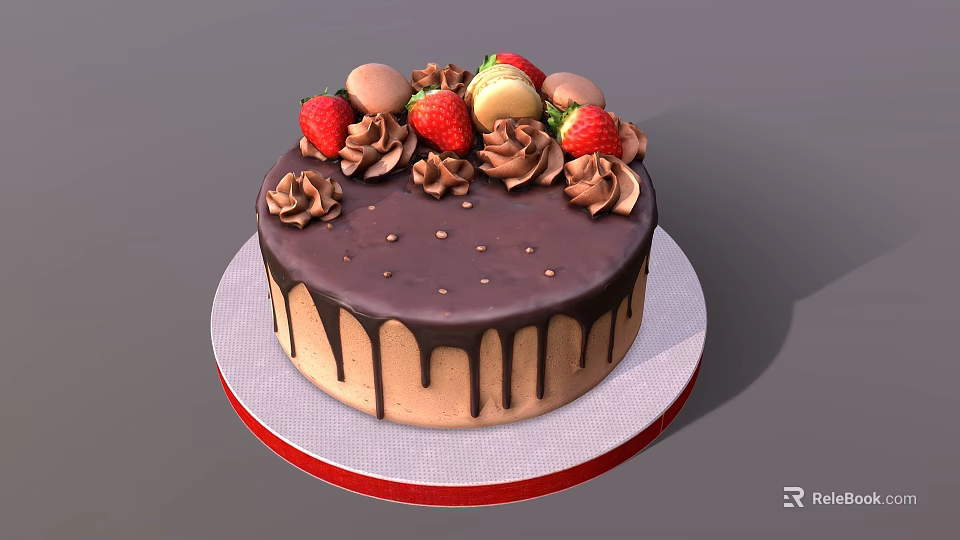 Delicious Chocolate Cake with Chocolate Drizzle Cream Flowers and Fresh Strawberries Macarons 3d model 
