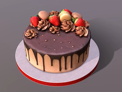 Delicious Chocolate Cake with Chocolate Drizzle Cream Flowers and Fresh Strawberries Macarons 3d model