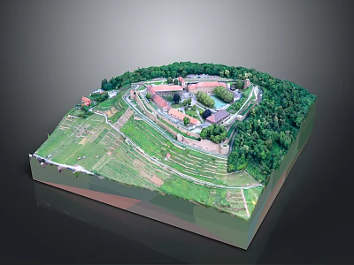 Green natural landscape with rolling hills lush trees terraced fields and small buildings 3d model
