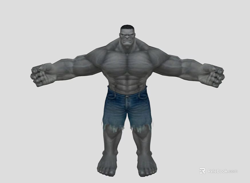 Game Movie Character With Gray Skin Muscular Build Ripped Blue Jeans And Arms Outstretched 3d model 