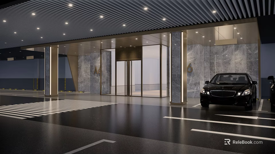 Modern Parking Lot Entrance With Black Car Marble Walls And Glass Doors Under Ceiling Lights 3d model 