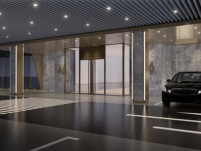 Modern Parking Lot Entrance With Black Car Marble Walls And Glass Doors Under Ceiling Lights 3d model