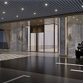 Modern Parking Lot Entrance With Black Car Marble Walls And Glass Doors Under Ceiling Lights
