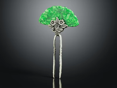 Elegant Green Fan Shaped Hairpin Jewelry With Silver Floral Accents And Intricate Design 3d model