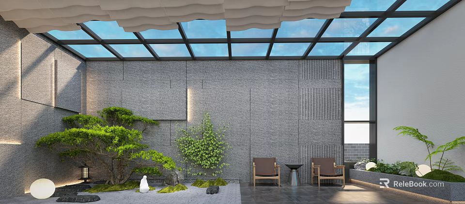 Villa Balcony With Glass Roof Gray Wall Green Plants Brown Chairs And Small Table 3d model 