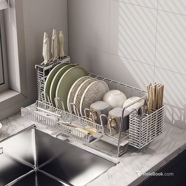 Dishware Set With Green Plates White Bowls Mugs And Chopsticks In Stainless Steel Drying Rack 3d model 