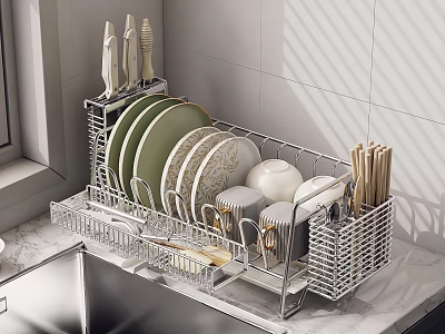 Dishware Set With Green Plates White Bowls Mugs And Chopsticks In Stainless Steel Drying Rack 3d model
