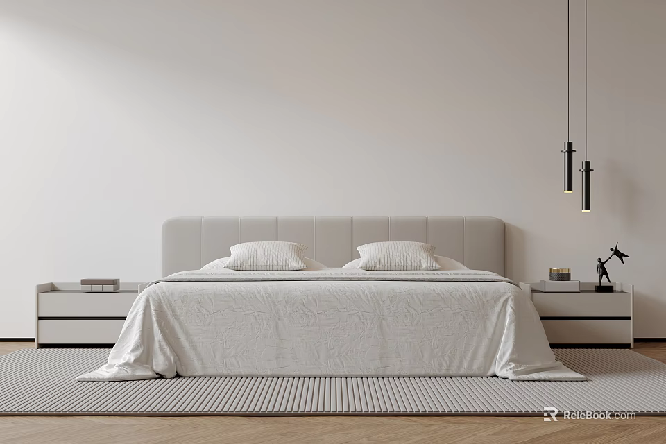 Modern White Minimalist Double Bed in Contemporary Bedroom With Bedside Tables And Pendant Lights 3d model 