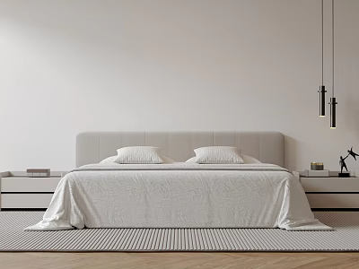 Modern White Minimalist Double Bed in Contemporary Bedroom With Bedside Tables And Pendant Lights 3d model