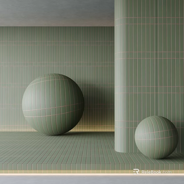 Light Green Geometric Tile Interior Space With Spheres And Column 3d model 