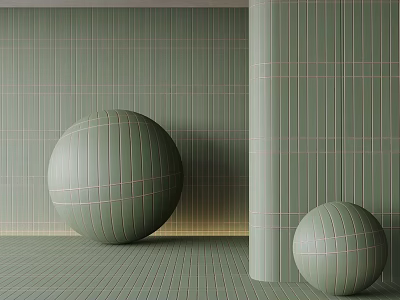 Light Green Geometric Tile Interior Space With Spheres And Column 3d model