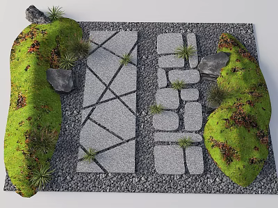 Stepping Stones Pathway Design With Green Grass Rocks Gravel And Small Plants 3d model