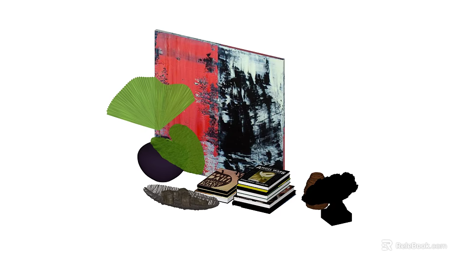 Decorative Ornament Set With Abstract Painting Green Fan Purple Vase Stacked Books And Black Sculpture 3d model 