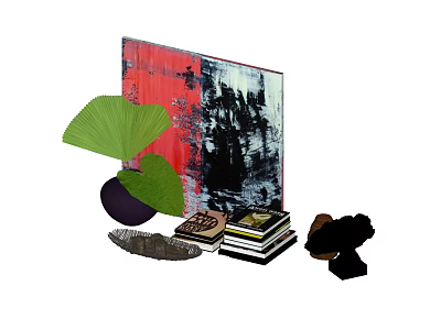 Decorative Ornament Set With Abstract Painting Green Fan Purple Vase Stacked Books And Black Sculpture 3d model