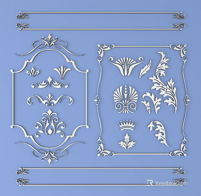 Detailed Ornamental Carved Designs With Floral Motifs Leaf Shapes Crown Elements And Decorative Frames 3d model 