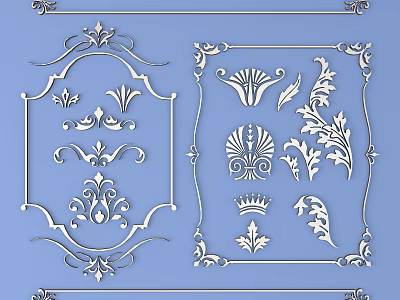 Detailed Ornamental Carved Designs With Floral Motifs Leaf Shapes Crown Elements And Decorative Frames 3d model