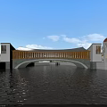 Modern Arch Bridge With Wooden Roof Over Scenic River Surrounded By Trees And Blue Sky
