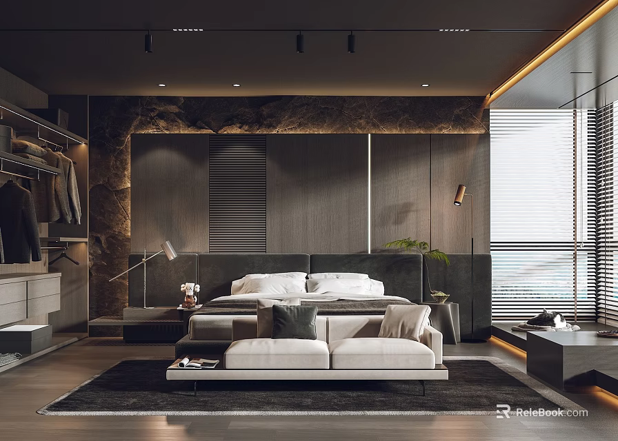 Modern Bedroom Interior With Stone Wall King Bed Sofa And Large Window 3d model 