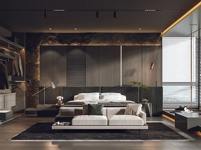Modern Bedroom Interior With Stone Wall King Bed Sofa And Large Window 3d model