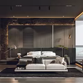 Modern Bedroom Interior With Stone Wall King Bed Sofa And Large Window