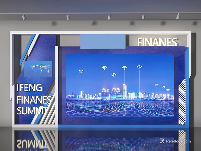 Finance Summit Event Display Wall with IFENG Logo City Skyline and Wireless Connection Icons 3d model 