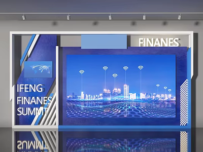 Finance Summit Event Display Wall with IFENG Logo City Skyline and Wireless Connection Icons 3d model