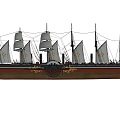 Vintage Sailing Ship with Multiple White Sails Red and Black Hull Navigating Open Sea Against Sky