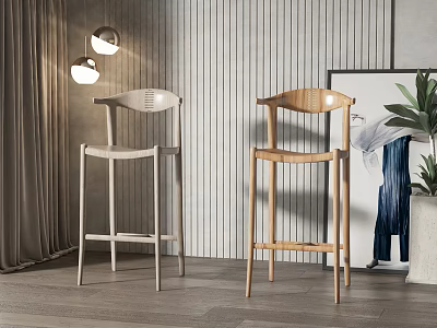 Modern Light Colored And Wooden Bar Stools In Interior With Decorative Wall Curtains And Plants 3d model